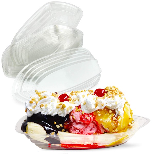 Fit Meal Prep [125 Pack] 12 OZ Banana Split Boat Plate Clear PET Plastic Disposable Ice Cream Sundae Dessert Splits Bowl Tray for Gelato Parlors, Cafes, Parties, Home and Restaurants