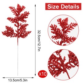 MOTONG 10 PCS Glitter Artificial Christmas Tree Pine Leaves, Artificial Christmas Leaves Picks, Artificial Pine Needles Simulated Tree Branch for Xmas Tree Wreath Seasonal Decoration (Red)