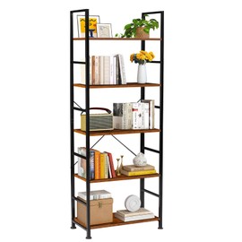 Sweetcrispy 5-Tier Industrial Bookshelf, Rustic Wood and Metal Bookcase with Open Shelves, 62.2-Inch Tall Storage Rack for Living Room, Home Office, Bedroom, Display and Organization, Brown