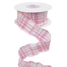 CABODYALS 10 Yards 1.5 Inch Pink Plaid Ribbon Checkered Ribbon Gingham Double Chiffon Ruffled Edge Polyester Ribbons with Spool for Gift Wrapping Wedding Invitations Bouquets DIY Christmas Decor
