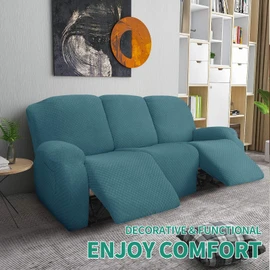 YEMYHOM 8 Pieces Stretch Recliner Sofa Cover Latest Jacquard Reclining Couch Cover with Side Pocket Anti-Slip Fitted 3 Cushion Furniture Slipcovers with Elastic Bottom (Recliner Sofa, Peacock Blue)