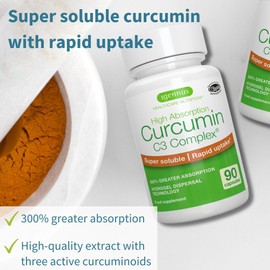 Ultra Soluble Curcumin C3 Complex, Trio of Curcuminoids, Clean Label, 300% Greater Absorption & Rapid Uptake, Vegan Supplement, 1-a-Day, 90 Capsules, by Igennus