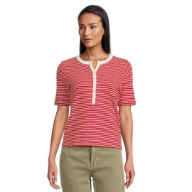 Madewell Women's Striped Elbow-Sleeve Henley Tee, Cherry Red Stripe, XS