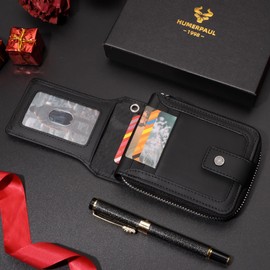 HUMERPAUL Zipper Wallets for Men, Genuine Leather RFID Blocking Bifold Men's Wallet with ID Window & Credit Card Slots (Black)