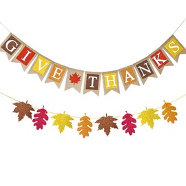 EUVBOKW Give Thanks Burlap Banner,Pre-Assembled Thanksgiving Maple Leaves Glitter Paper Banner for Thanksgiving Party Fall Harvest Supplies Fireplace Mantle Decor