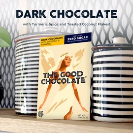 The Good Chocolate - Dark Chocolate with Coconut Turmeric Bar, Zero Sugar, Lower Net Carb Snack, Lower Calorie, Vegan Chocolate Bars, 6 Bar Value Pack