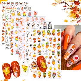 Autumn Nail Art Stickers Decals Thanksgiving Fall Maple Leaf 3D Self-Adhesive Nail Sticker Designs Squirrel Pumpkin Nut Nail Stickers for Thanksgiving Women Manicure Decorations (6 Sheets)