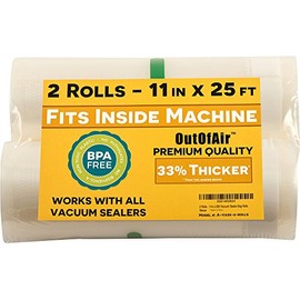 11" x 25' Rolls (Fits Inside Machine) - 2 Pack (50 feet total) OutOfAir Vacuum Sealer Rolls. Works with FoodSaver Vacuum Sealers. 33% Thicker, BPA Free, Sous Vide, Commercial Grade