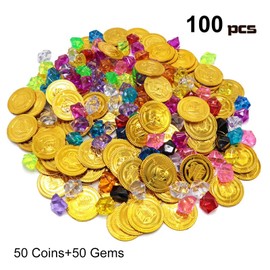 Pirate Treasure, Pirate Treasure Gold Coins, Play Money for Children, Pack of 100 Pirate Gold Coins, Gold Coins Toy, 50 Gold Coins & 50 Gemstones, Pirate Party Bags, Treasure Hunt Children's Birthday