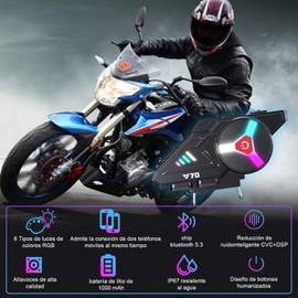 Auricular Bluetooth para Motocicleta con MicróFono,Intercomunicador Moto Para Casco Bluetooth V5.3 Ip67,Puede Conectar Dos Dispositivos al Mismo Tiempo,con 5 Pegatinas Reflectantes y Luces RGB (Y70)