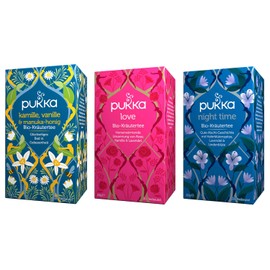 Pukka Bio-Kräutertee Set für Entspannung und Gelassenheit mit den Bio-Tee-Sorten Love, Night Time und Kamille, Vanille und Manuka-Honig. 100% bio und nachhaltig (3 x 20 Teebeutel)