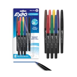 EXPO Wet Erase Markers, Semi-Permanent, Assorted Colors, Ultra Fine Tip, 8 Count - For Writing on Glass, Whiteboards, Mirrors, Calendar, Labeling, Organizing