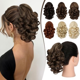 FELENDY 9" Ponytail Extension Short Curly Wavy Claw Clip Ponytail Hair Extensions Clip in Cute Pony Tails Synthetic Hairpiece for Women Light Brown Mix Ash Blonde