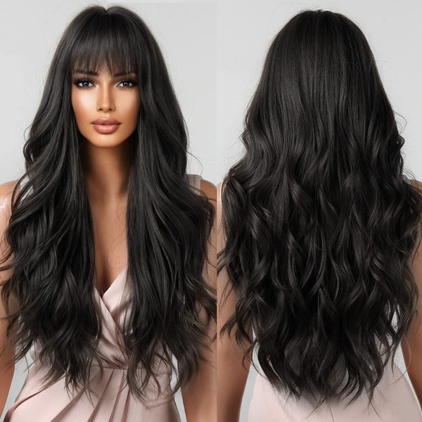 Long Wavy Black Wigs with Air Bangs for Women, Afro Natural Looking Heat Resistant Synthetic Hair
