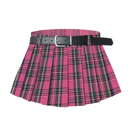 SANGTREE Women's Pleated Skirts Casual Buckle Belted Elastic Waist Tennis Skater Short Mini Skirt, 2# Mini Rose Red Plaid, US M