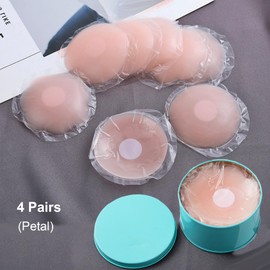 Famiredo 4 Pairs Reusable Invisible Nude Sticky Nipple Covers with Travel Box, Adhesive Petals Pasties Silicone Bra for Dress (Petal)