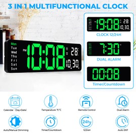 Sukeen Digital Wall Clock, 13" Digital Clock Wall Clock Alarm Clock with Remote Control/Count Up & Down/10-Level Dimming/Dual Alarm/Date/Temperature for Home, Office, Workshop, Gym Clock - Green