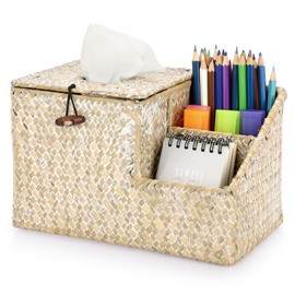 BTSKY Household Seagrass Facial Tissue Box With Two Side Storage Pockets - Decorative Woven Wicker Tissue Holder With Multi-Functional Side Slots For Remote Control Cosmetics Pens Pencils, Whitewash