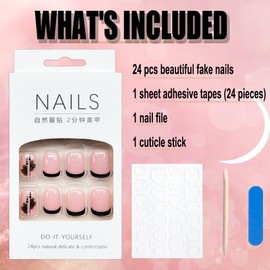 24Pcs Press on Nails Short Square Fake Nails with Flower Design Black Acrylic False Nails Full Cove Artificial Glossy Glue on Nails Ballet French Tip Stick on Nails for Women and Girls Nail Decoration