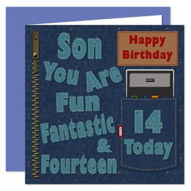 Son 14th Happy Birthday Card - Dirty Denim Design - 14 Today