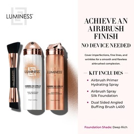 LUMINESS Airbrush Spray Silk Foundation Starter Kit - Deep Rich - Foundation, Primer & Dual-Sided Angled Buffing Brush - Medium, Buildable Coverage, Anti-Aging Formula Hydrates & Moisturizes