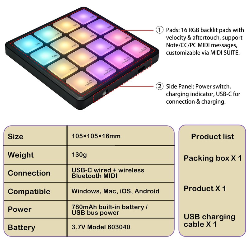 M-VAVE SK16 SMC-PAD Pocket Wireless MIDI Controller, 16 RGB Backlit