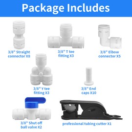 Sweezwon Water Tube Fittings Kit, 3/8" OD Quick Connect Push to Connect Fittings for RO/DI Water Filter System (Ball Valve+ T+ I+ L+ Y+ Professional Tubing Cutter, 32Pcs)