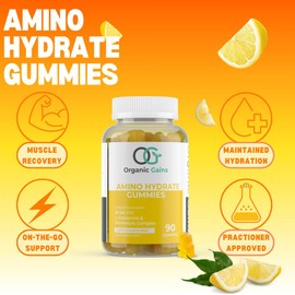 Organic Gains OG Amino Hydrate - 90 Gummies | Lemon Flavored BCAAs (4500mg), L-Glutamine & Electrolyte Complex | BCAA 2:1:1 Ratio | Post-Workout Formula for Muscle Growth, Recovery & Hydration Support