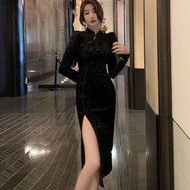 Women's Sexy High Slit Cheongsam Midi Dress Elegant Velvet Mandarin Collar Chinese Qipao Party Dress (Medium, 1163# Black)