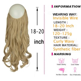 Invisible Wire Hair Extension Light Ash Blonde & Bleach Blonde Curly Long Synthetic Hairpiece 18 Inch 4.2 Oz Hidden Wire Headband for Women Heat Resistant Fiber No Clip