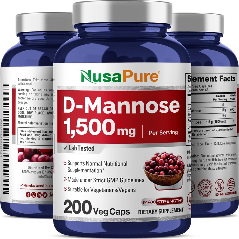 NusaPure D-Mannose 1500 mg per Serving - 200 Vegetarian Capsules