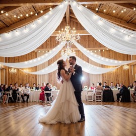 PartyVillage 6 Panels 5ftx30ft White Ceiling Drapes for Wedding Parties – 30 FT Extra Long Thick Polyester Wrinkle-Free Drapery Tent Decor Decorations for Birthday Party Ceremony Stage Swag