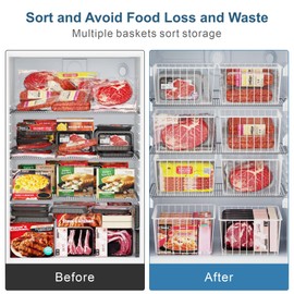 iSPECLE Freezer Organizer Bins - 4 Pack Medium Upright Baskets for 14 to 15.5 cu.ft Stand Up Freezer, Easily Sort and Get Food, Air Circulation Stops Food Sliding Out, White