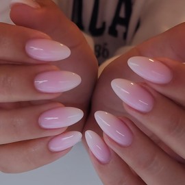 Ombre French False Nails Medium Almond, SXVME French Press on Nails Medium, Gradient Pink Full Cover Fake Nails Almond, Elegant Ombre Pink Acrylic Stick on Nails for Women Daily Wear