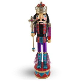 Nutcracker Ballet Gifts Sparkling Wood Nutcracker Figures, Christmas Decor Holiday Home Decorations, Decorative Wooden Statue, 15-inch, Red with Purple Glitter