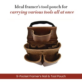 Style n Craft 9-Pocket Framer’s Nail and Tool Pouch, Heavy-Duty Leather Tool Pouch, Perfect and Durable Full-Grain Leather Pouch, Dark Tan (98435)