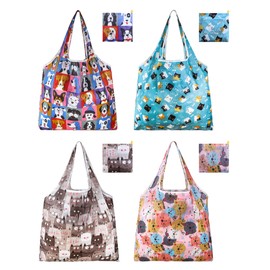 GAUENEEN 4 Pcs Reusable Grocery Bags, Foldable Shopping Bags Heavy Duty, Large Nano Bag Cute Tote Bag for Daily Shopping, Waterproof and Machine Washable (Animals)