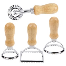 KEYIDO® 4 PCS Ravioli Stamp Maker Cutter, Square Round Ravioli Cutter, Pasta Cutter Wheel with Wooden Handle & Fluted Edge, Pasta Press Tools for Kitchen