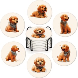 Set of 6 Coasters for Drinks Absorbing Round Ceramic Stone Coaster with Cork Base (Golden Retriever Puppy)