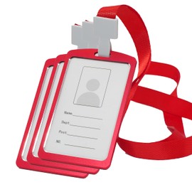 BAWAKO Aluminium ID Card Holder with Neck Strap, ID Card Holder Made of Durable Plastic, ID Badge Holder (Red)