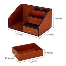 KINGFOM PU Leather Desk Organizer, Multifunction 6 Compartment Desk Organizers and Accessories for Office Supplies, Pen Pencil Holder/Book Mail Organizer Holder for Desk with Drawer (Brown)