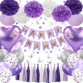 Marwey Purple Birthday Decorations Purple and Silver Party Decor for Women Girls Kids Happy Birthday Banner with Balloons,Hanging Swirls,Pom Poms,Lantern,Garland Party Supplies