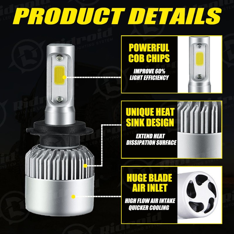 RIDROID 2x H7 LED Headlight Bulbs Kit High or Low