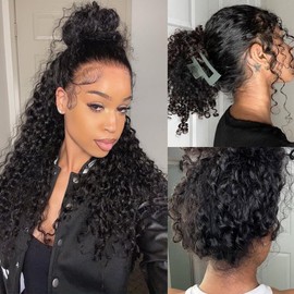 RJAOB Deep Wave 360 Lace Front Wigs Human Hair 28 Inch Invisi Strap HD Full Lace Front Wigs Human Hair Pre Plucked with Drawstring 180 Density Curly Wig 360 Glueless Lace Frontal Wigs for Women