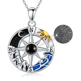 Flpruy Compass Necklace with I Love You in 100 Languages Sterling Silver Mountain and Sea Compass Pendant Talisman Travel Necklace Graduation inspirational Jewelry Gift for Women