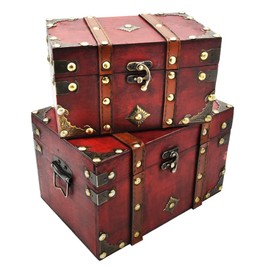 Wooden Treasure Chest Jewelry Box with Hardware Retro Antique Trinket Box Home Decor (Set of Large and Small)