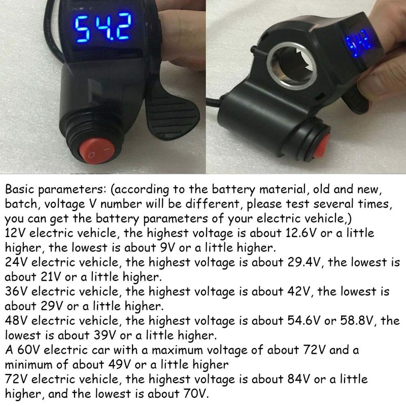 KOOBOOK 1Pcs 12V-72V E-Bike Universal Thumb Throttle LED Display Voltage