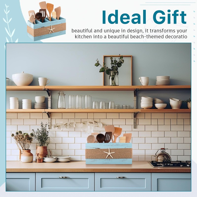 AceOrbit Starfish Coastal Utensil Holder, Beach Kitchen Decor, Blue