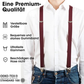 Pierrot Thin Braces for Men Made in Germany / France - Strong Elastic Band & 4 Extra Strong X-Clips - Adjustable Length up to 130 cm - Lifetime Guarantee - 100% German and French, White Burgundian