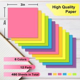 OHOME Sticky Notes - 12 Pads, 3”x3” - Colorful Self-Stick Post Notes Bulk - Office Desk Accessories | Teacher Classroom Must Haves,Aesthetic School Supplies for Home,Stocking Stuffers for Women Adult